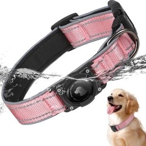 New Pink Waterproof Dog Collar with AirTag Holder – Small Size for GPS Tracking